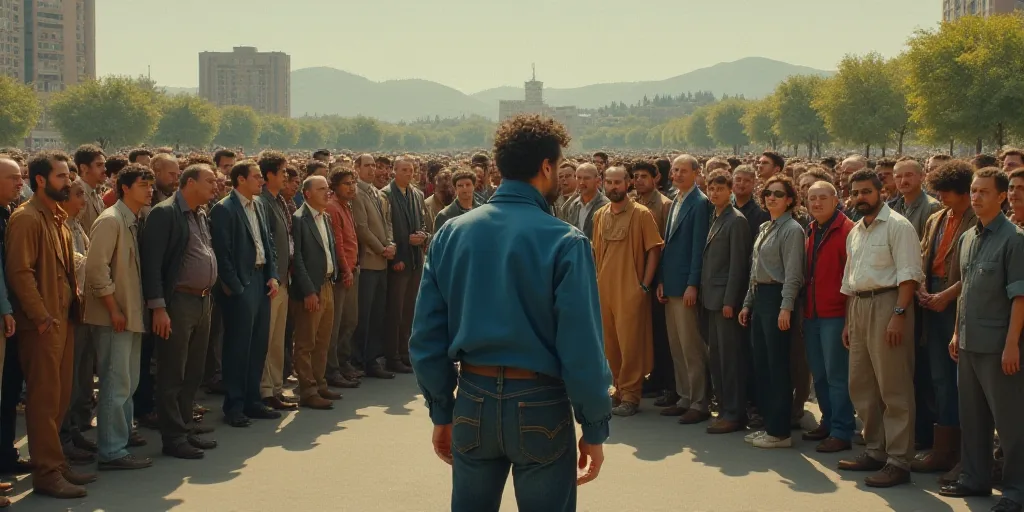 a group of people standing in a line in a parking lot with a crowd of people behind them and a man i