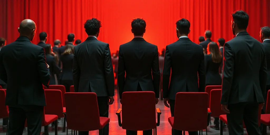 a group of people standing in front of a red chair in a room with a crowd of people behind them, Car