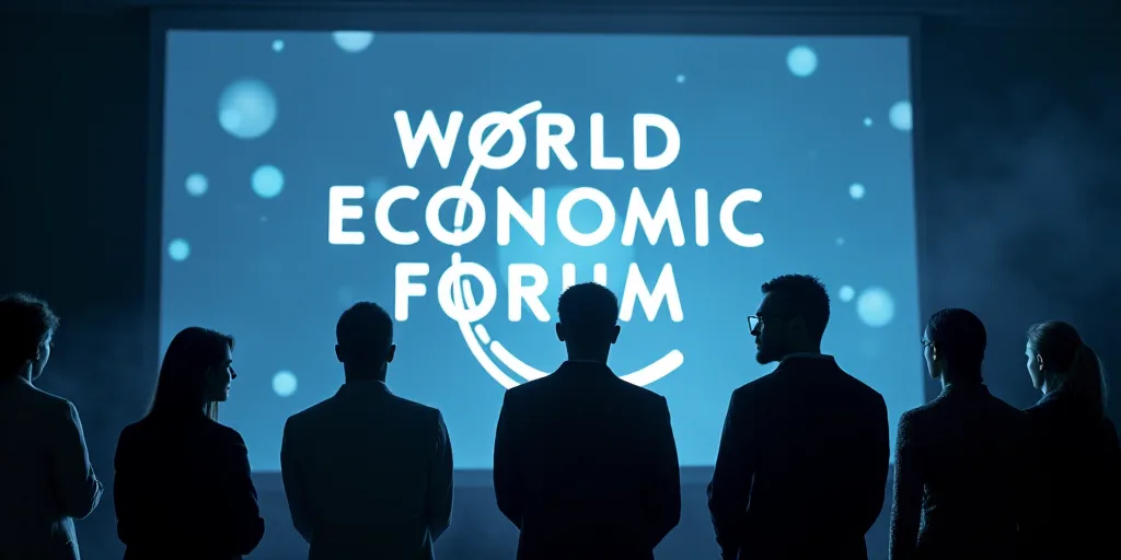 a group of people standing in front of a projection screen with a world economic forum logo on it's