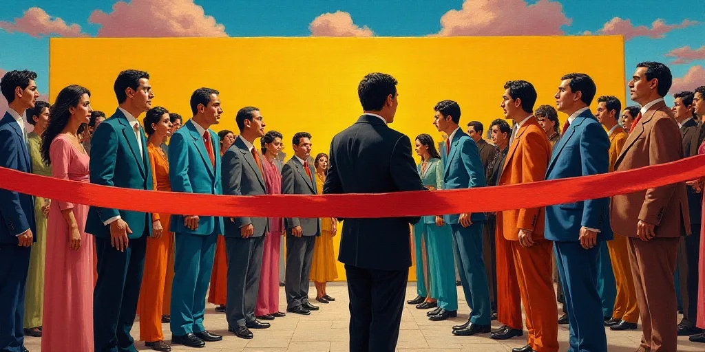a group of people standing in front of a sign with a ribbon in front of them and a man in a suit sta