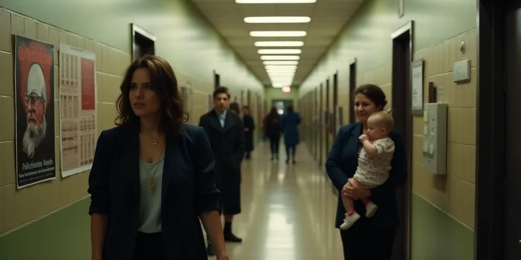 a group of people standing in a hallway next to a wall with posters on it and a woman holding a chil