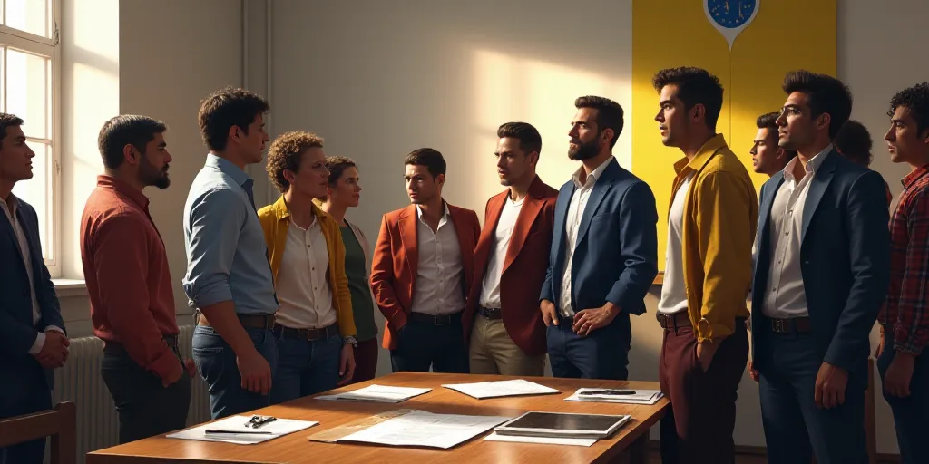 a group of people standing in a room together with flags and papers on the table and a flag on the w