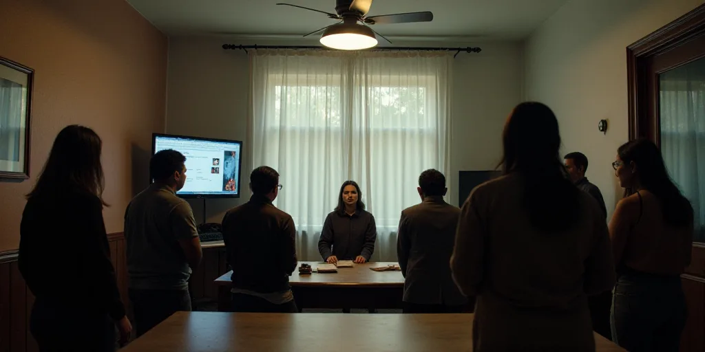 a group of people standing in front of a table in a room with a ceiling fan and a television, Emma R