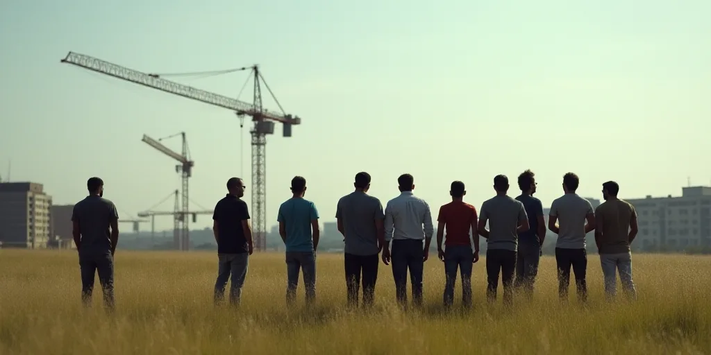 a group of people standing next to each other on a field with a crane in the background and a buildi