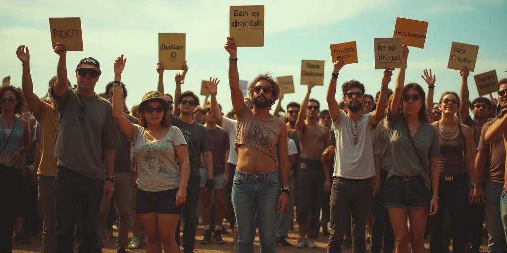 a group of people standing next to each other holding up signs and hats on their heads and hands in
