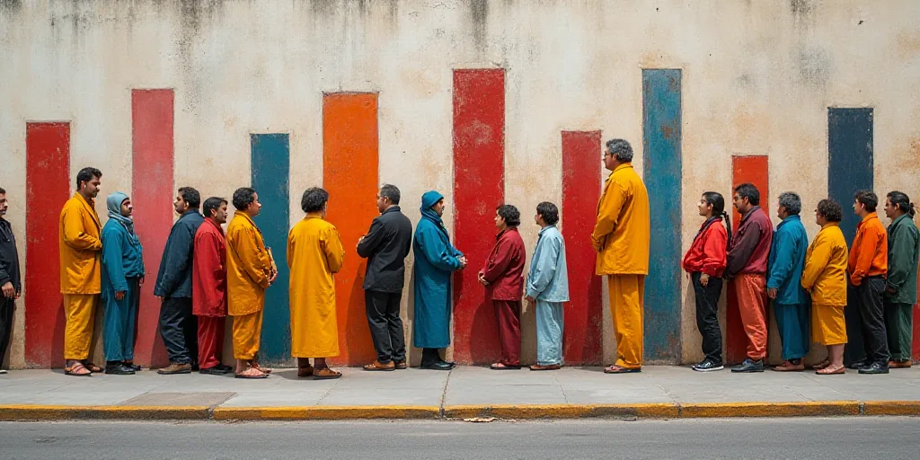a group of people standing next to each other on a sidewalk with a wall in the background and a line
