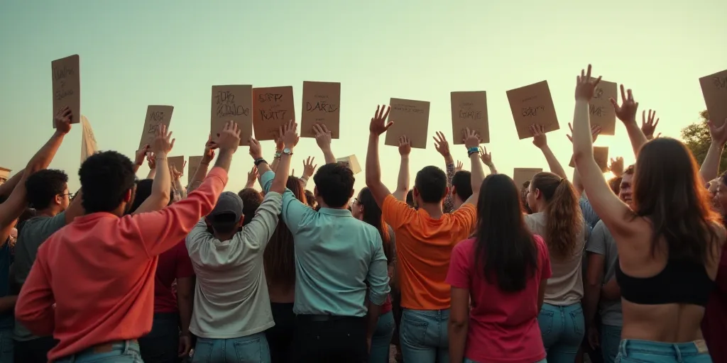 a group of people standing next to each other holding up signs and hats on their heads and hands in