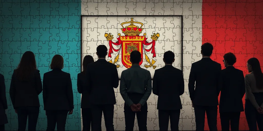 a group of people standing next to each other in front of a screen with a flag on it and a flag on t