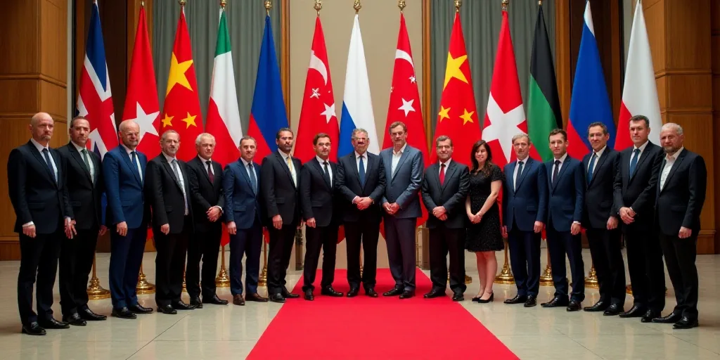 a group of people standing next to each other in front of flags on a red carpeted floor in a buildin