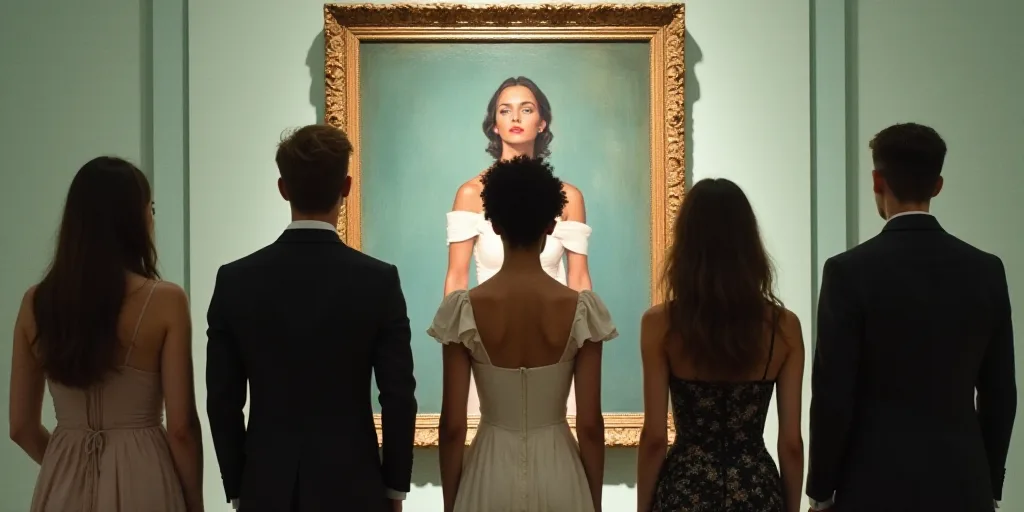 a group of people standing next to each other in front of a painting of a woman in a white dress, Ar