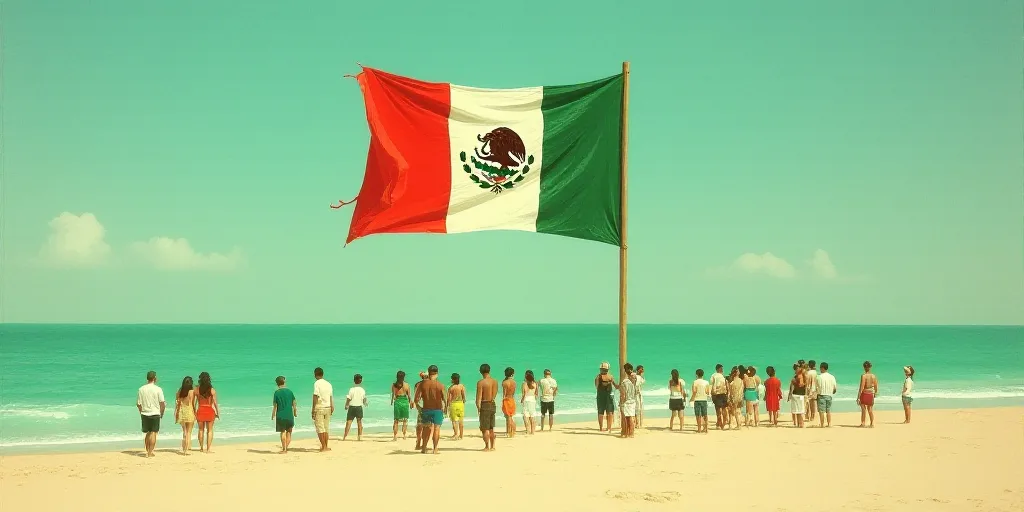 a group of people standing next to a large mexican flag kite on a beach in the ocean with people sta
