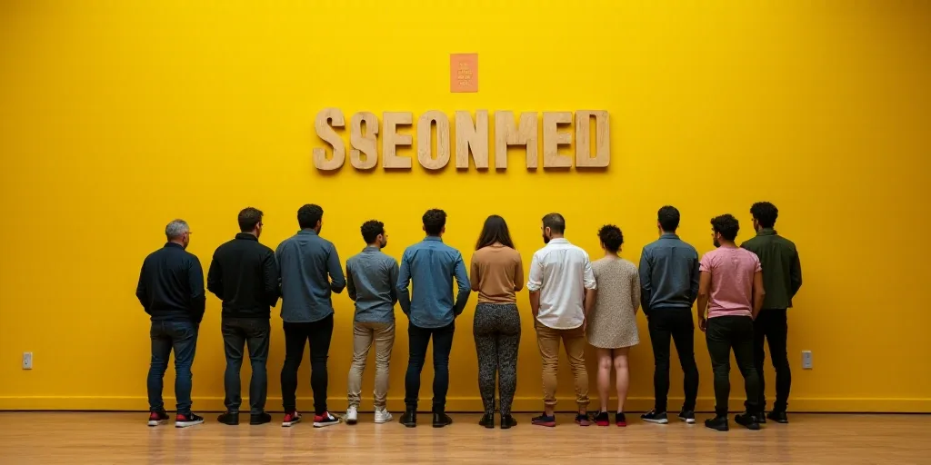 a group of people standing next to each other on a wooden floor in front of a yellow wall with a sig