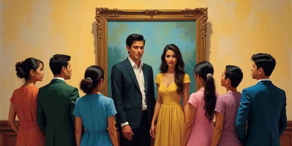 a group of people standing next to each other in front of a painting of a man and woman in a suit, C