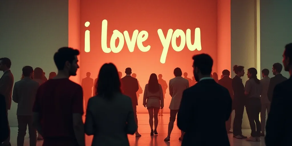 a group of people standing next to each other in a room with a sign on it that says i love you, Fede