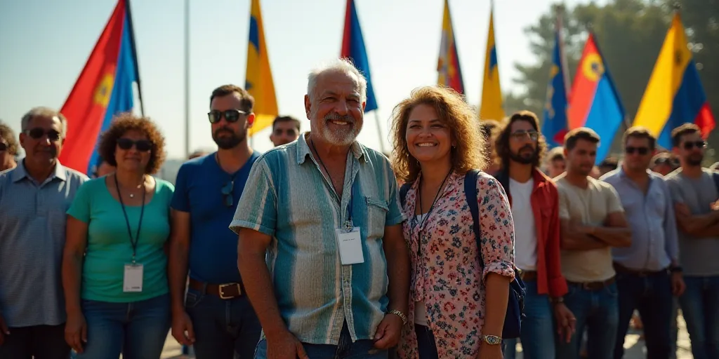a group of people standing next to each other in front of flags and a flag pole in the background, F