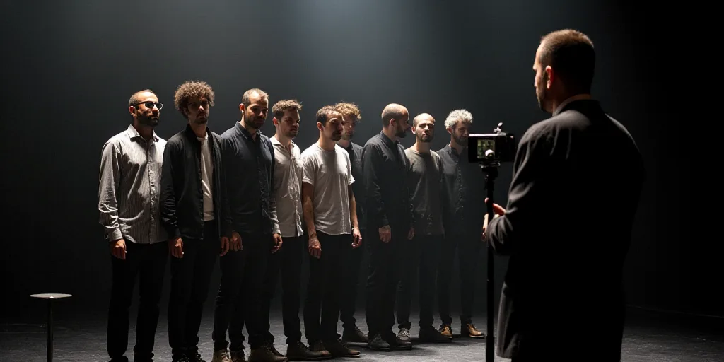 a group of people standing next to each other on a stage with a microphone in front of them and a ma