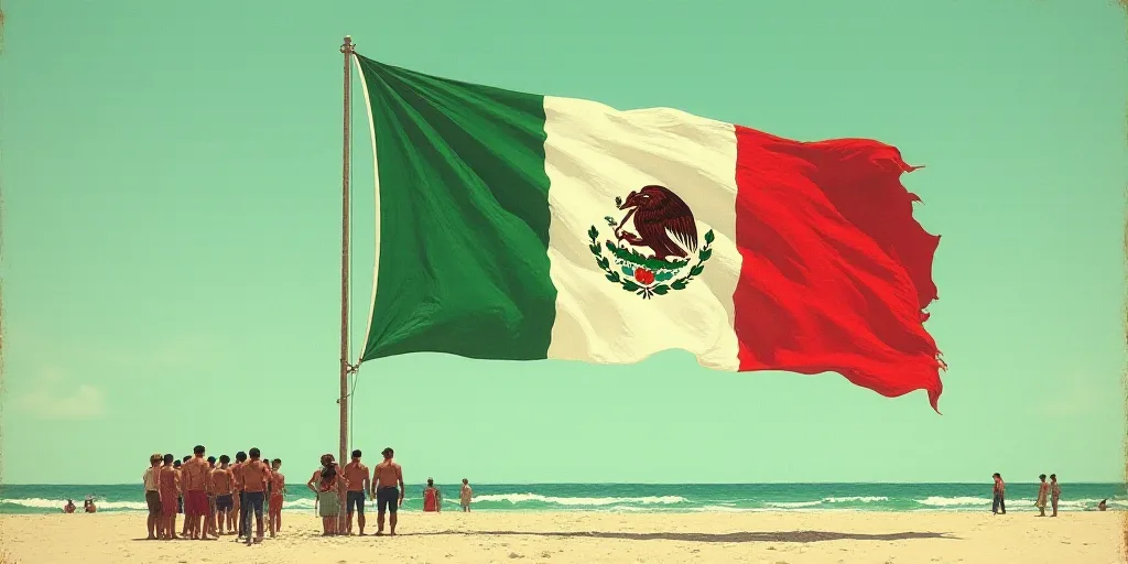 a group of people standing next to a large mexican flag kite on a beach in the ocean with people sta