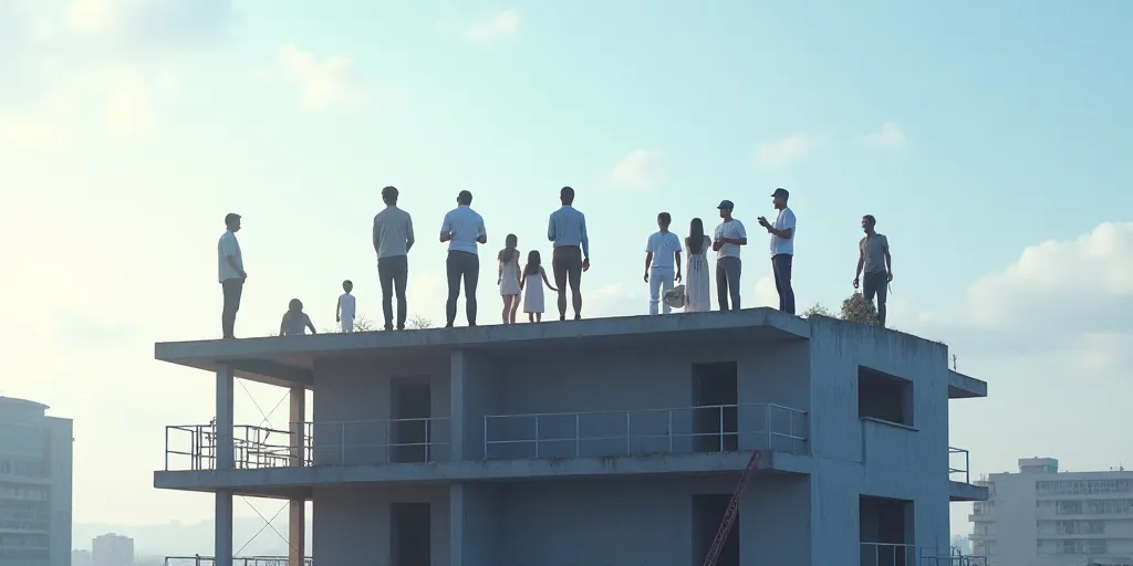 a group of people standing on top of a building under construction with a sky background and a few b