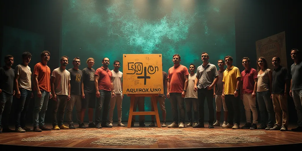 a group of people standing on a stage with a sign in front of them that says 50 00 and a cross on th