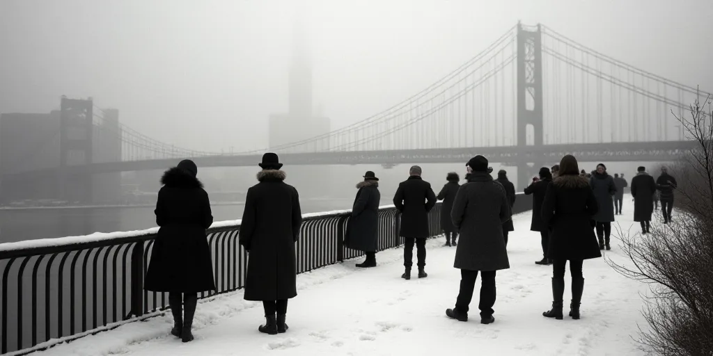 a group of people standing on a bridge in front of a city skyline with a bridge in the background, C