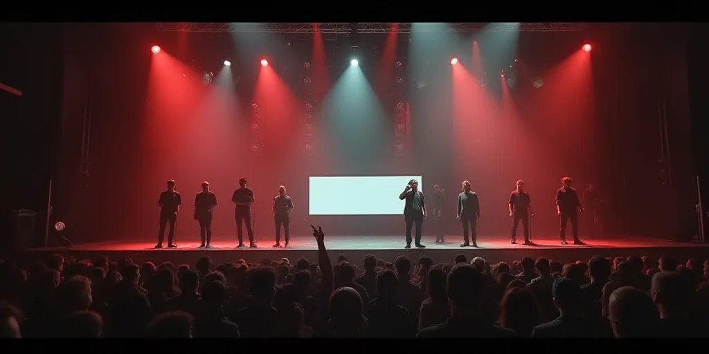 a group of people standing on a stage with a sign in front of them and a person standing on a stage,