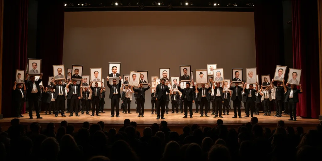 a group of people standing on a stage holding up framed pictures of people in suits and ties and hol