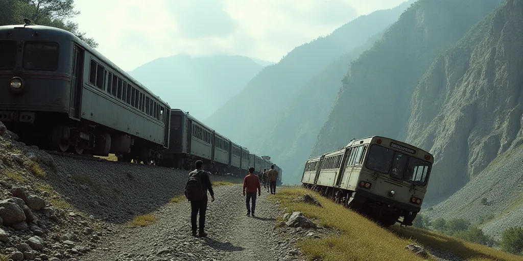 a group of people standing on a rocky hillside next to a train wreck and a bus that has crashed into