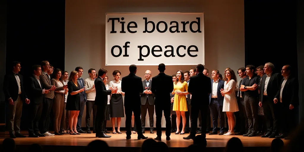 a group of people standing on a stage with a sign behind them that says board of peace and a group o