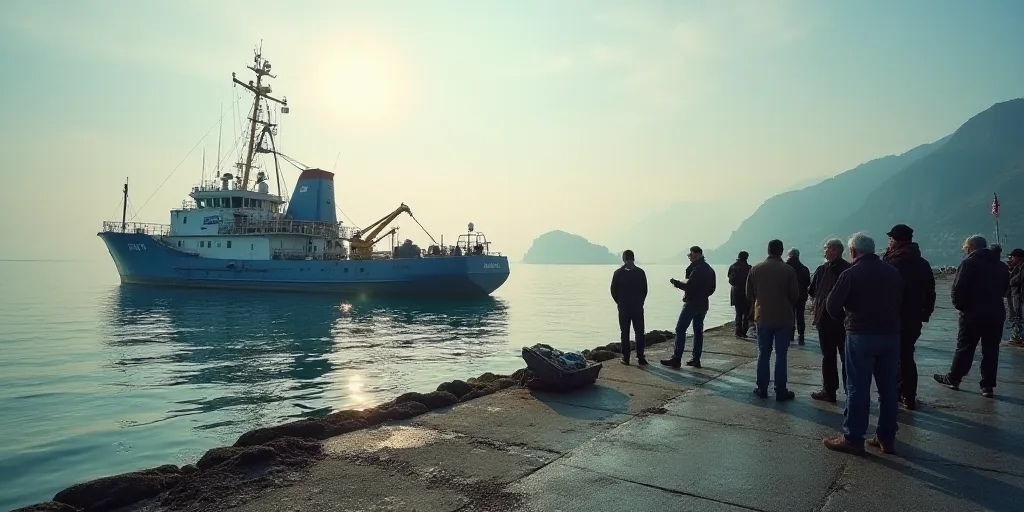 a group of people standing on a dock next to a large ship in the water and fishing on the water, Alv