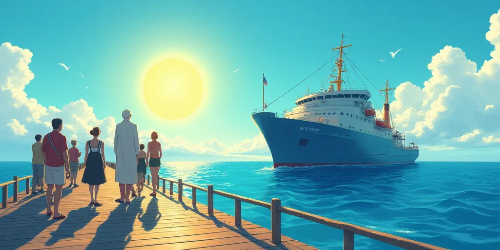 a group of people standing on a pier next to a large ship in the ocean with a sun shining, Eiichiro