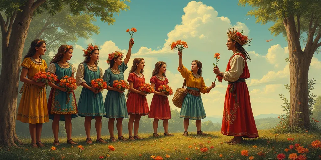 a group of people standing on top of a stage with flowers in their hands and a man in costume, Bela