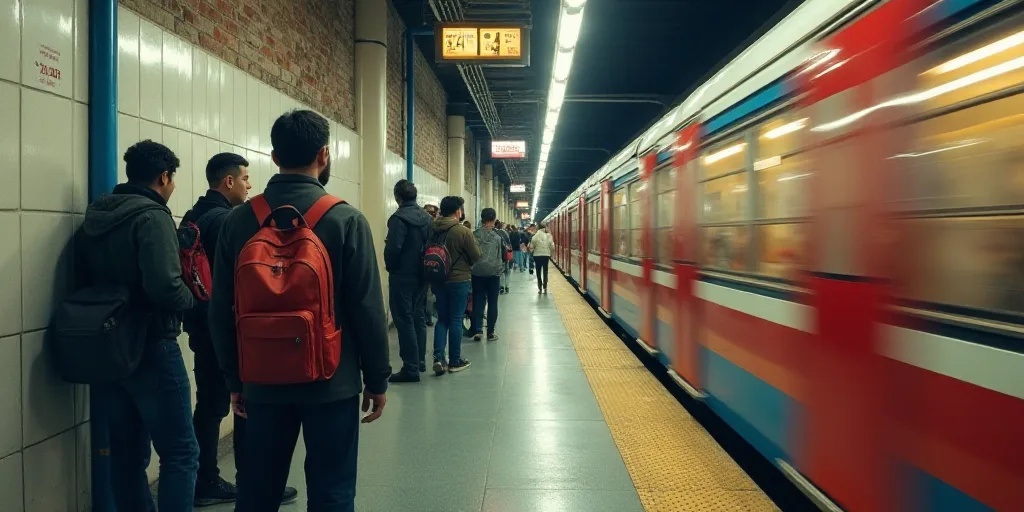 a group of people standing on a subway platform next to a train passing by them and a man with a bac