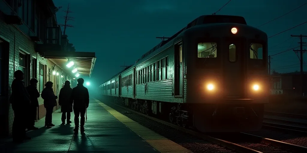 a group of people standing on a train platform next to a train at night time, with a train on the tr