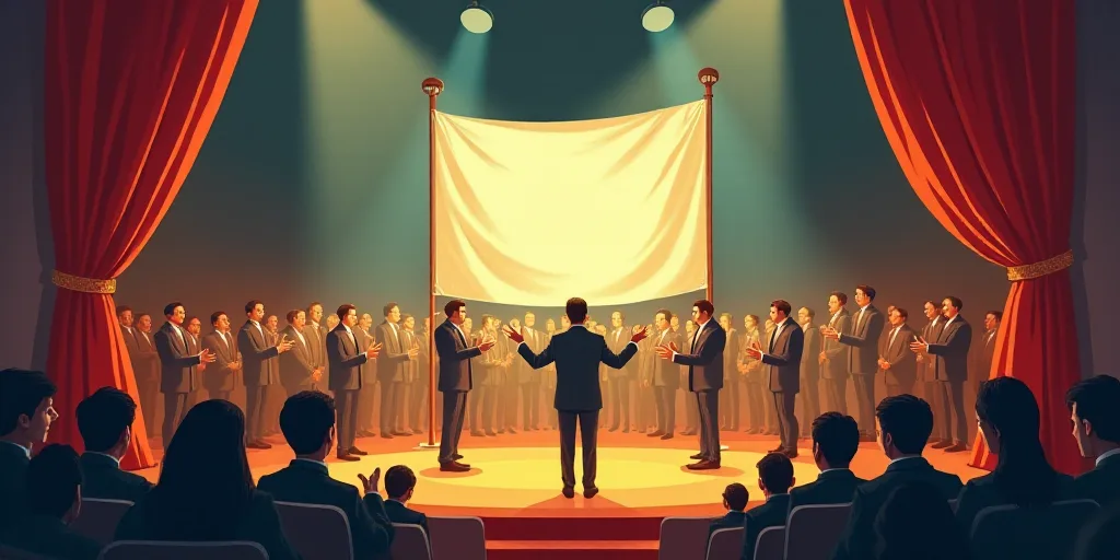 a group of people standing on a stage with a sign in front of them and a man in a suit, Bouchta El H