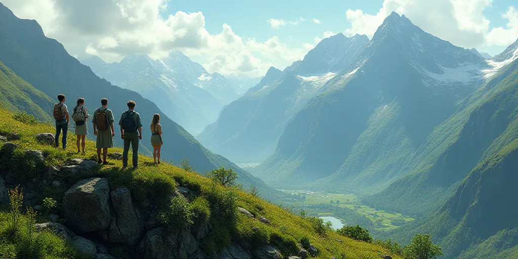 a group of people standing on top of a mountain next to a lush green valley and a mountain range, Ar