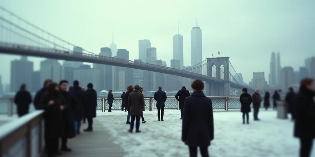a group of people standing on a bridge in front of a city skyline with a bridge in the background, C