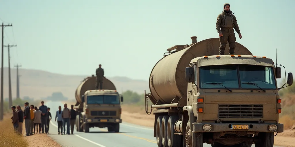 a group of people standing on the side of a road next to a truck and a truck with a soldier on top,