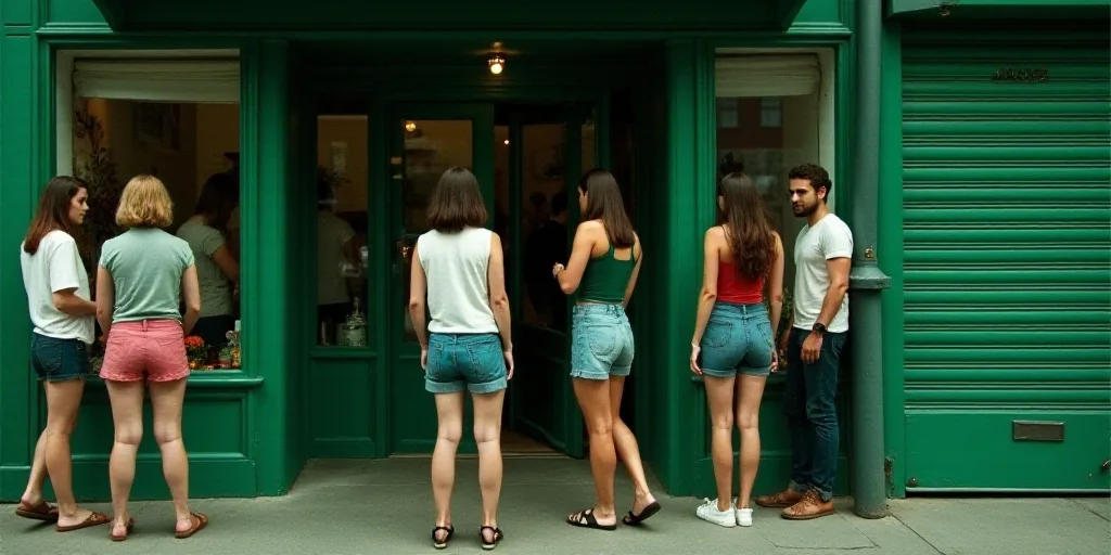 a group of people standing outside of a store next to a green door and a green wall with shutters, A