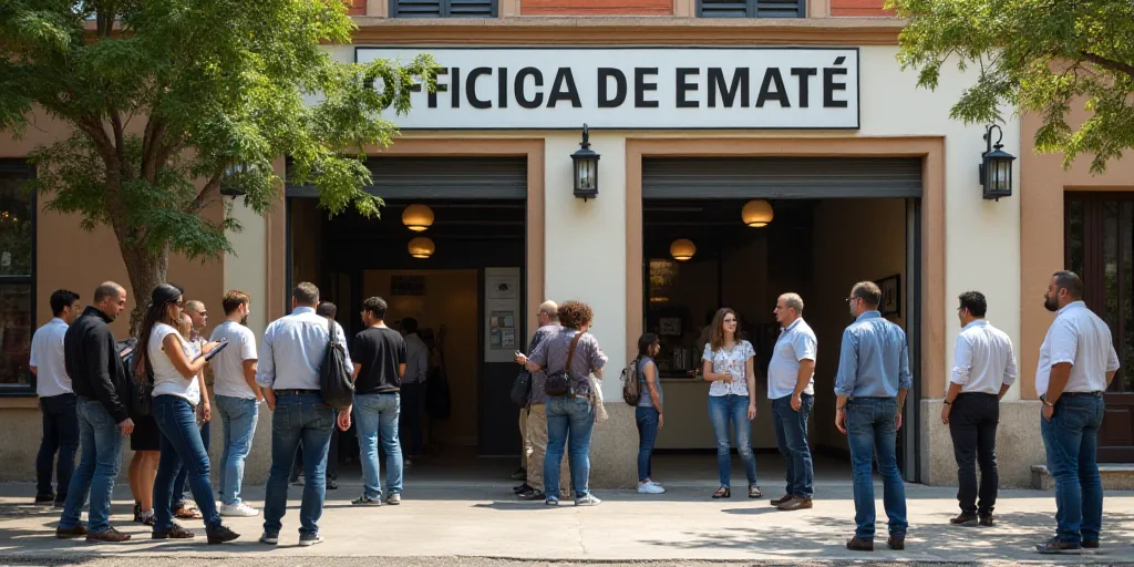 a group of people standing outside of a building with a sign on it that says officina de empl, Carlo
