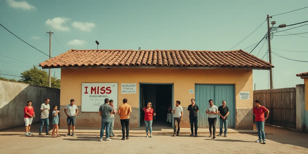 a group of people standing outside of a building with a sign that says i miss on it's side, Carlos F