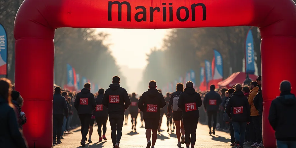 a group of people standing under a red sign at a marathon event with a crowd of people watching them