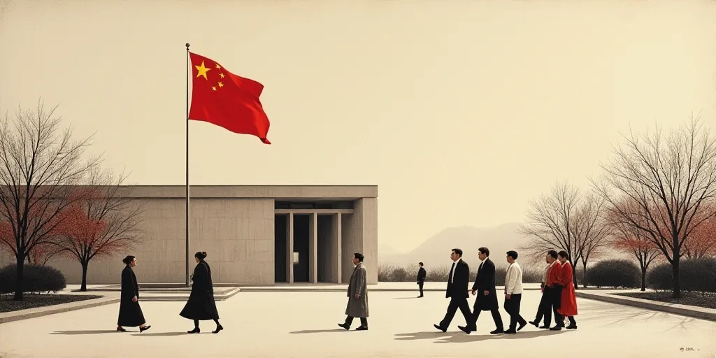 a group of people walking across a street in front of a building with a flag on it's side, Cui Bai,