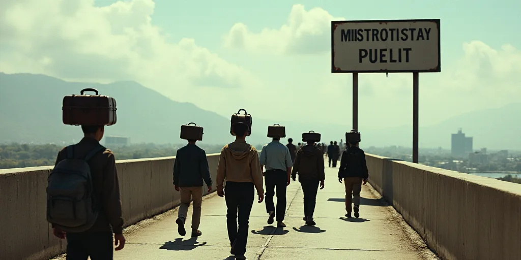 a group of people walking across a bridge with luggage on their heads and a sign above them that say