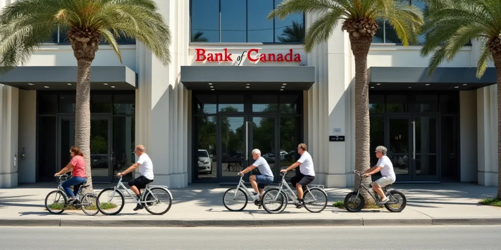 a group of people walking and riding bikes past a bank of canada sign and palm trees in front of a b