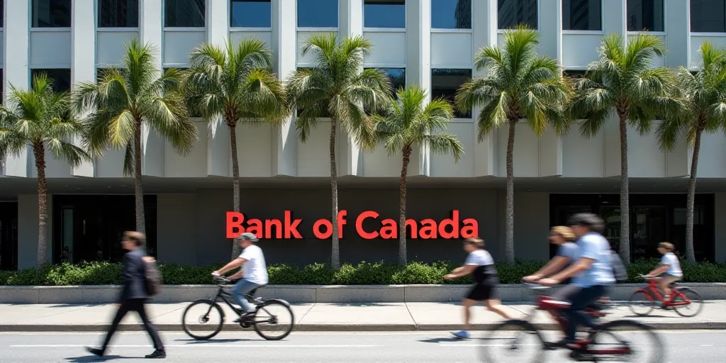 a group of people walking and riding bikes past a bank of canada sign and palm trees in front of a b
