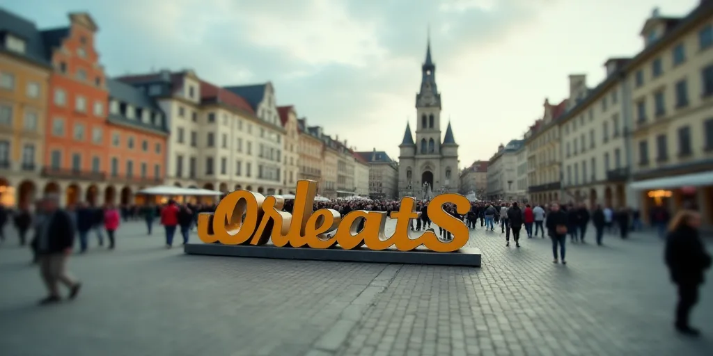 a group of people walking around a city square with a sign that says orleans on it's side, Ceferí O