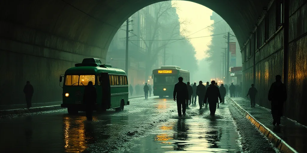 a group of people walking down a flooded street in a tunnel with a bus in the background and a green