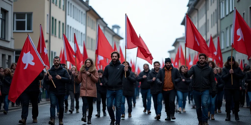 a group of people walking down a street holding signs and flags in the air and a building in the bac