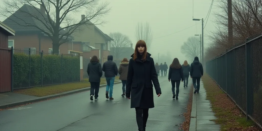 a group of people walking down a street next to a fence and a gate with a woman in a black jacket, A