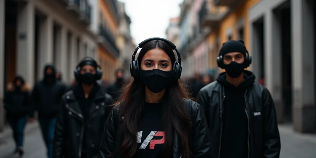 a group of people walking down a street wearing face masks on their faces and wearing headphones on